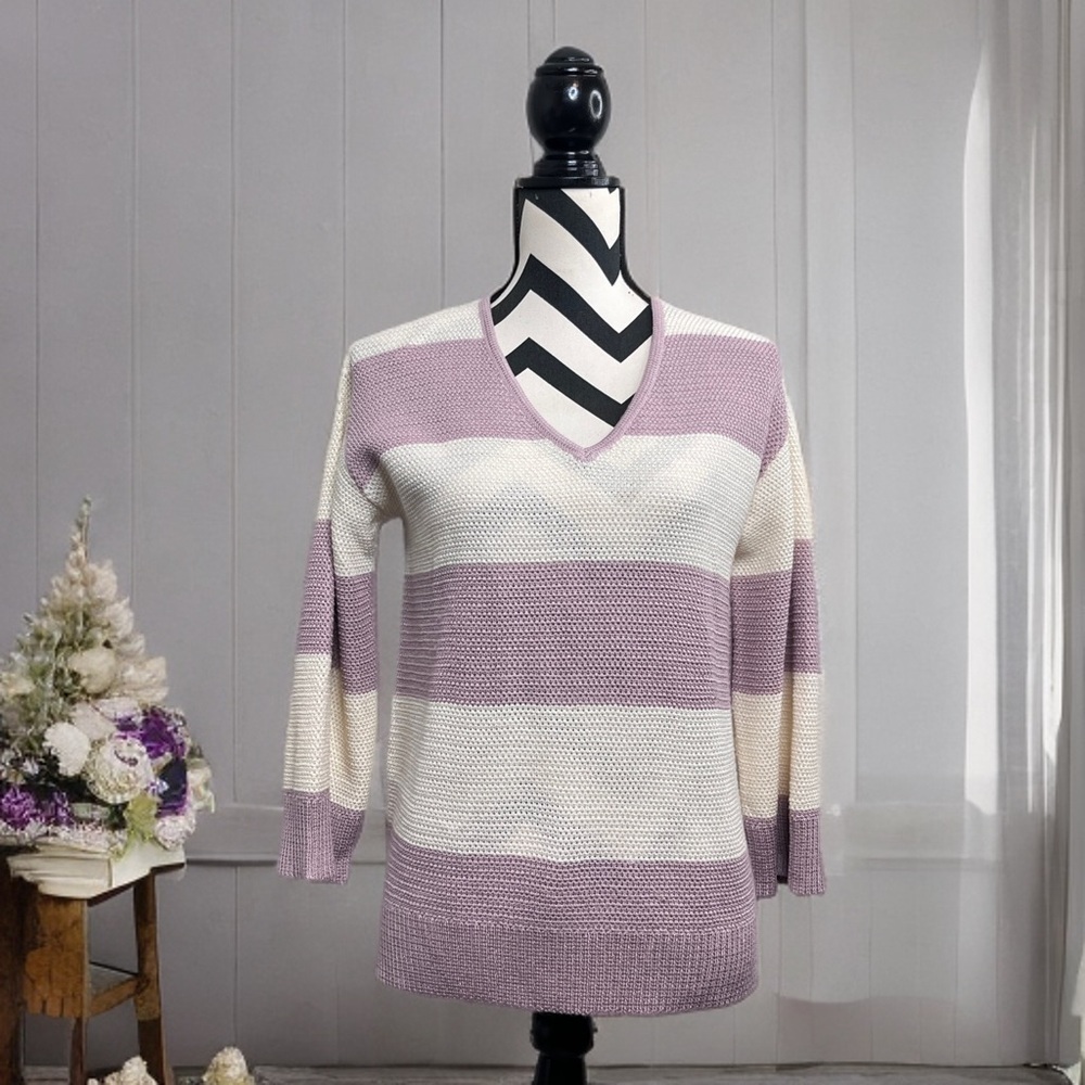 St. John V-Neck Sz S Striped Wool Blend Chunky Knit Sweater